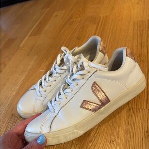 Veja White and Rose Gold Esplar Sneakers